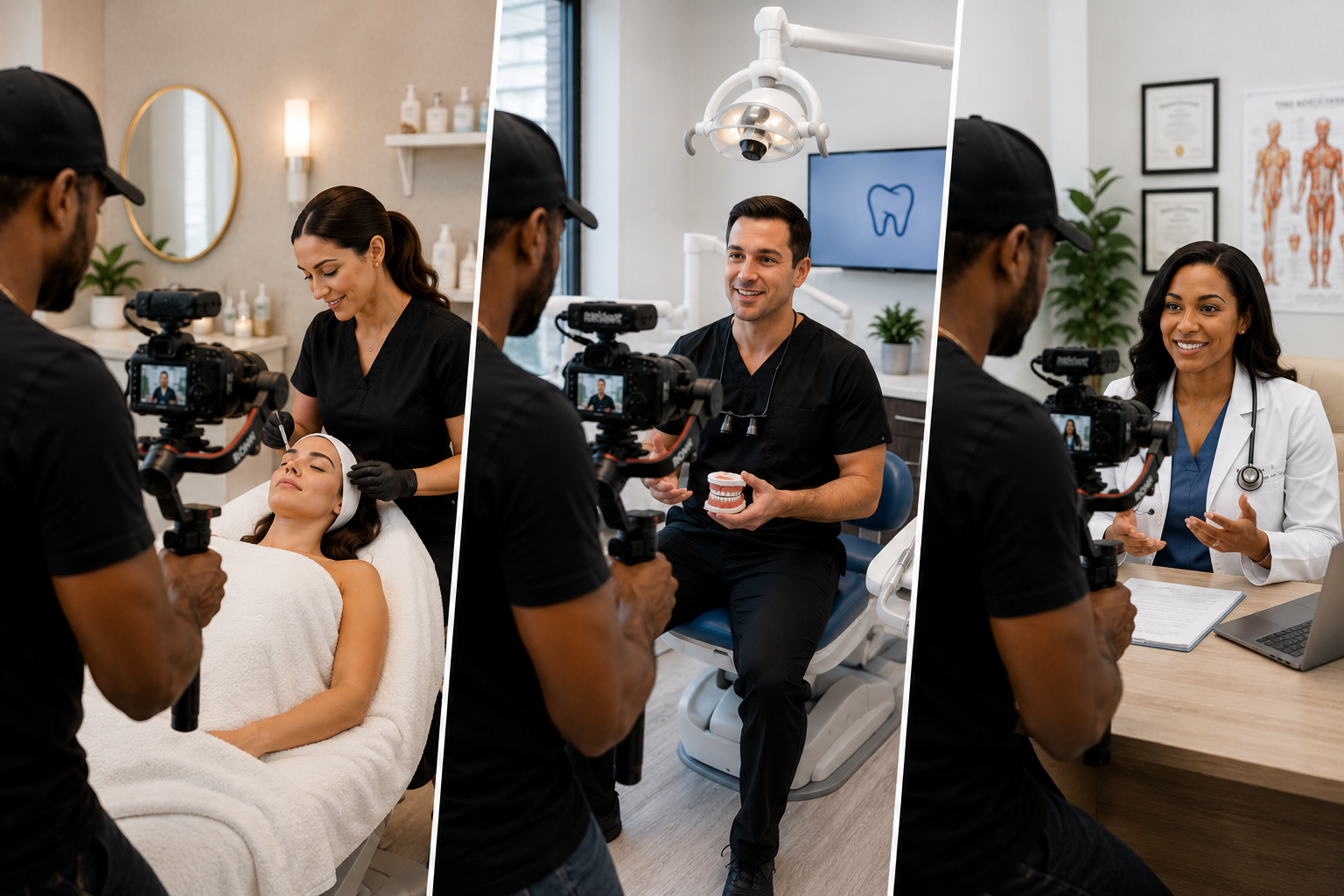The same production crew filming scroll-stopping content for a med spa, a dental practice, and a medical office