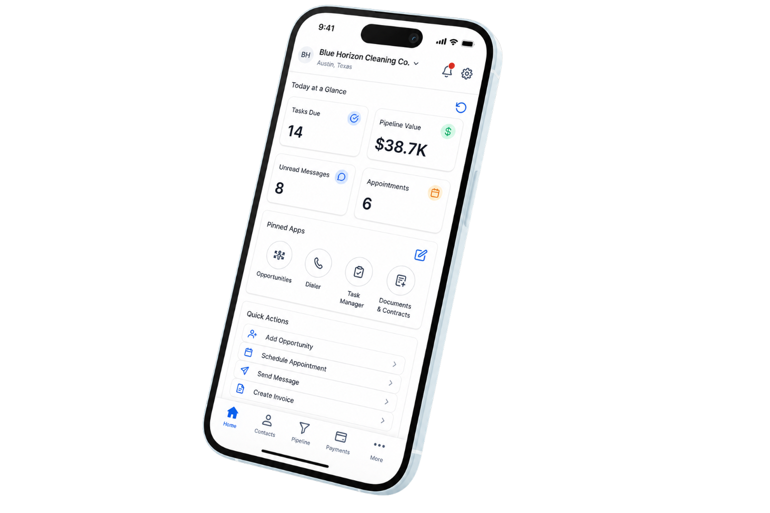 Prosper mobile app showing today's tasks, pipeline value, messages and appointments