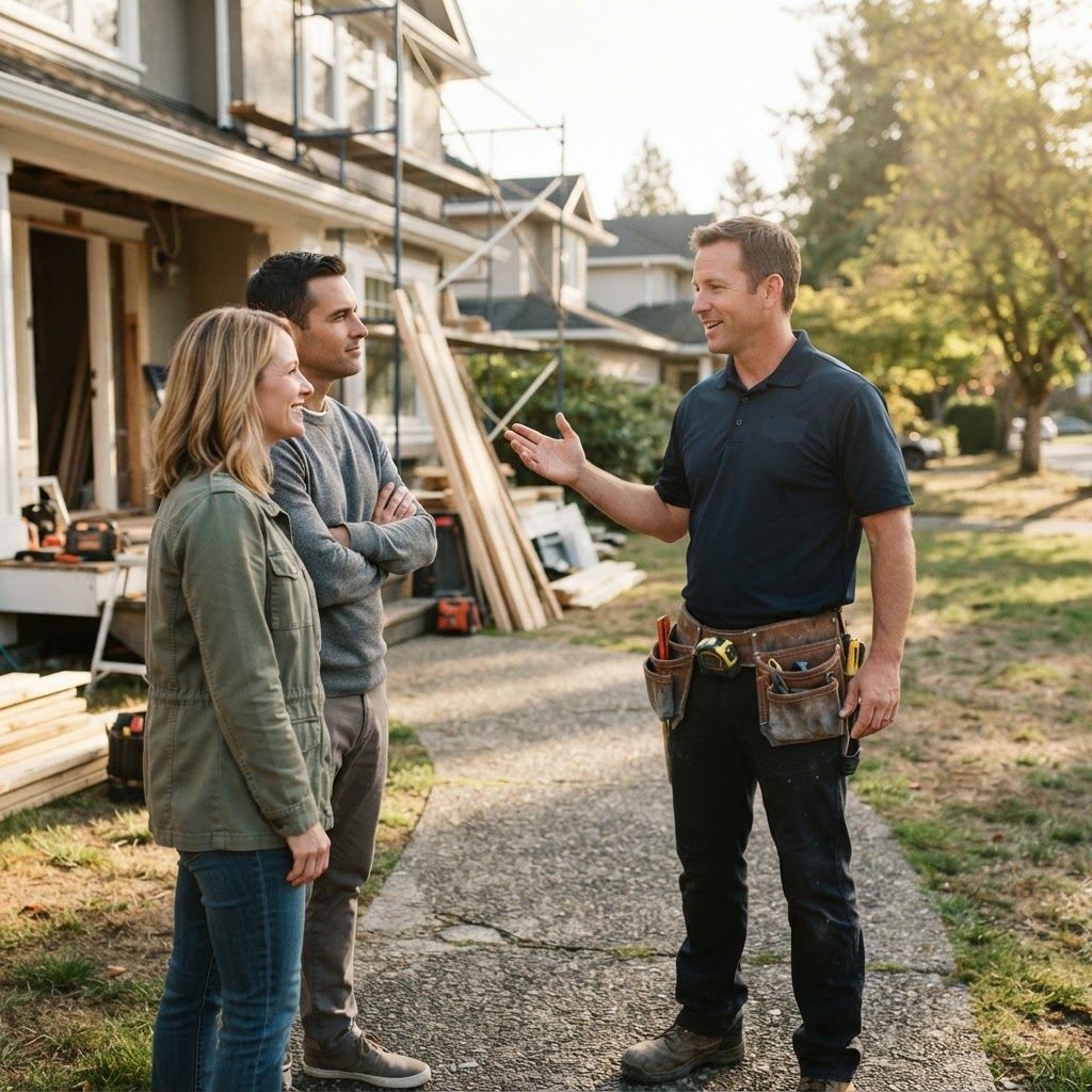 A contractor meeting with homeowners at a residential job site