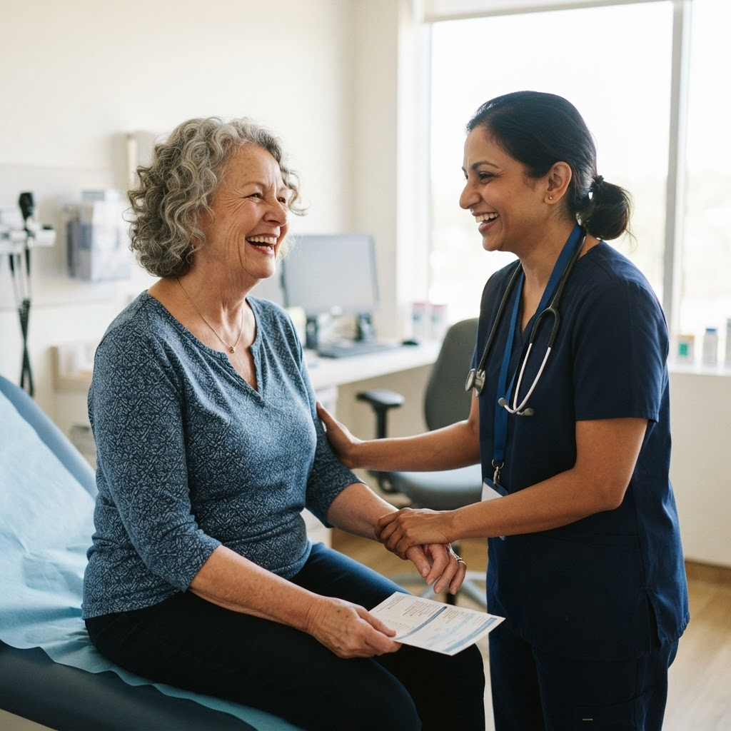 A happy patient with a physician after a positive checkup