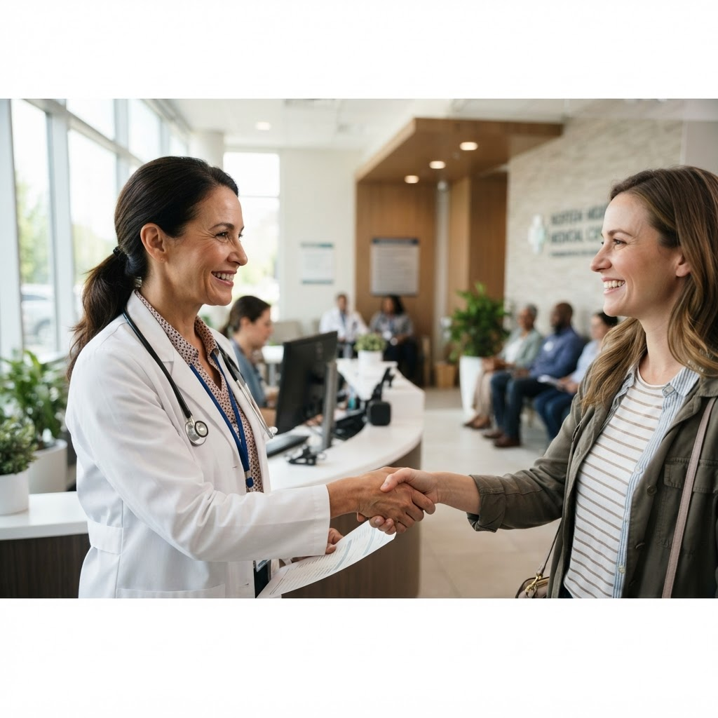 A physician greeting a patient in a modern clinic