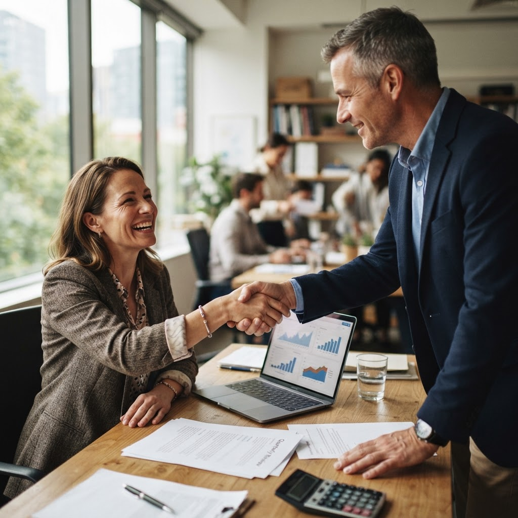 An advisor and client shaking hands over a positive report